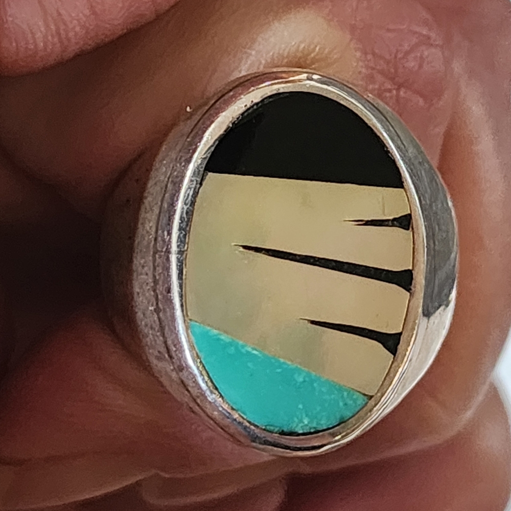 Sterling Silver Oval Inlay Ring with Turquoise and Cream Accents Native American